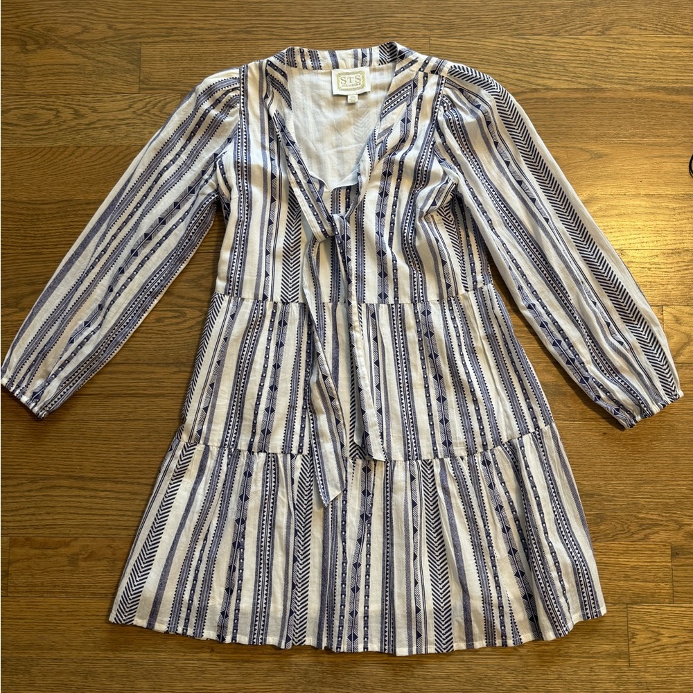 Sail to Sable blue and white long sleeve cotton v-neck tiered dresss